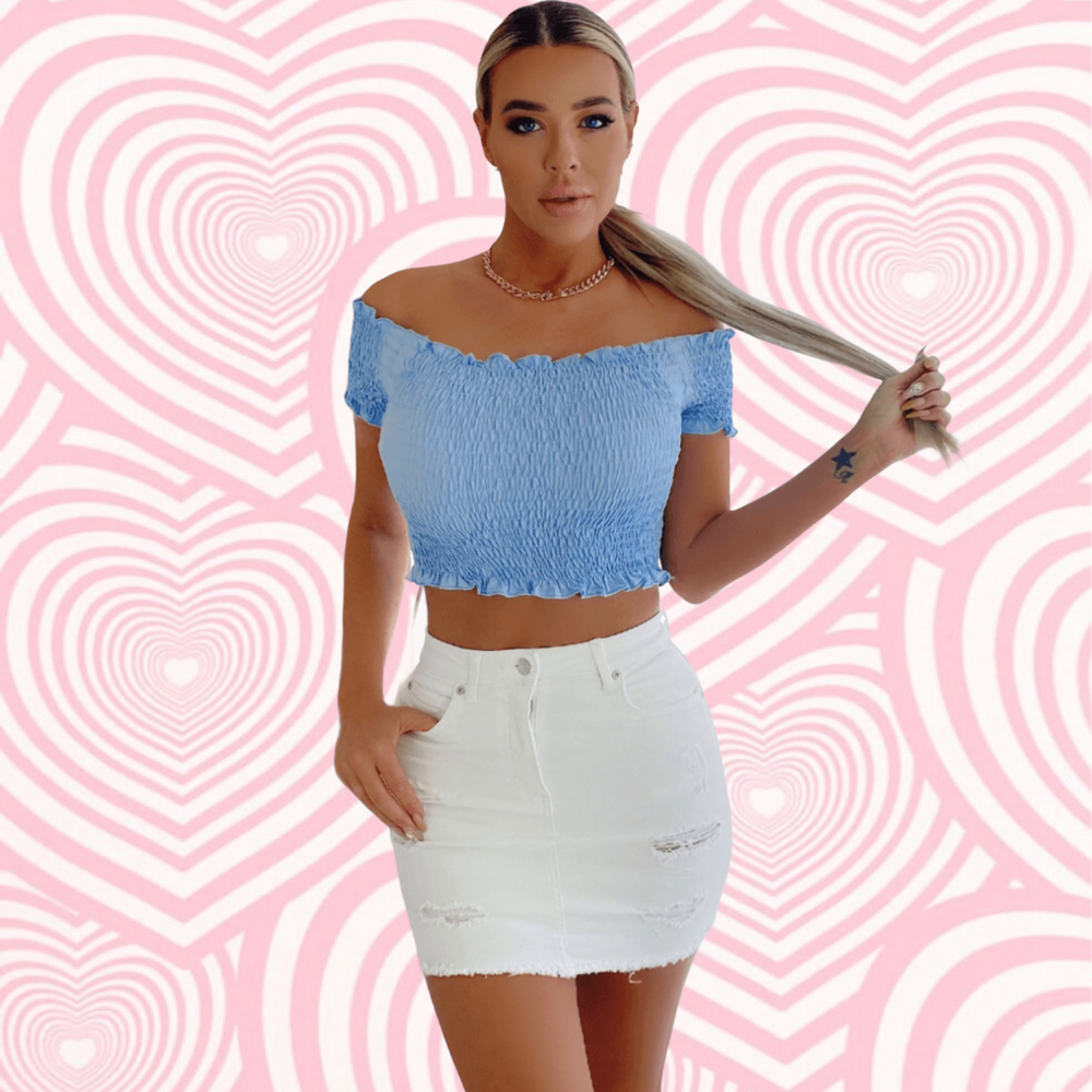 
            
                Load image into Gallery viewer, Blue Shirred Bardot Crop Top
            
        
