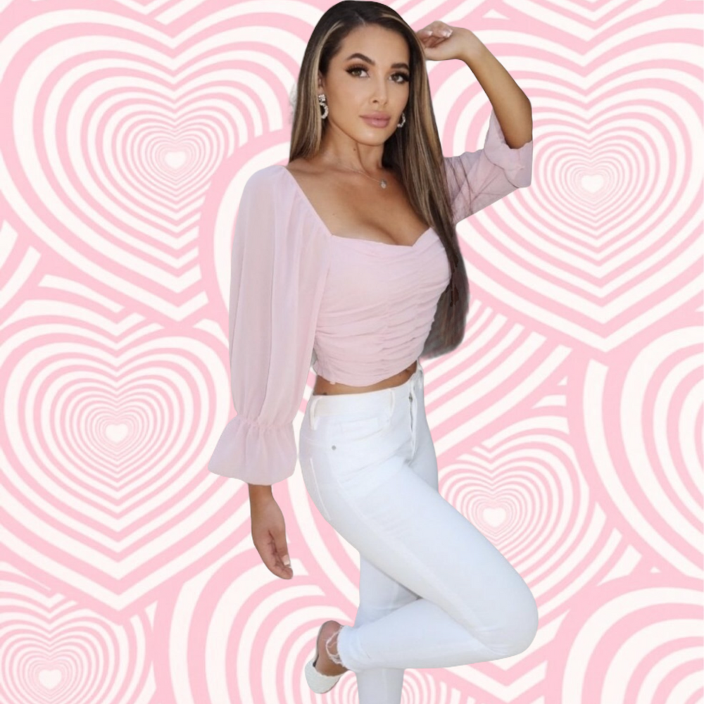 Nude Pink Ruched Puff Sleeve Crop Top