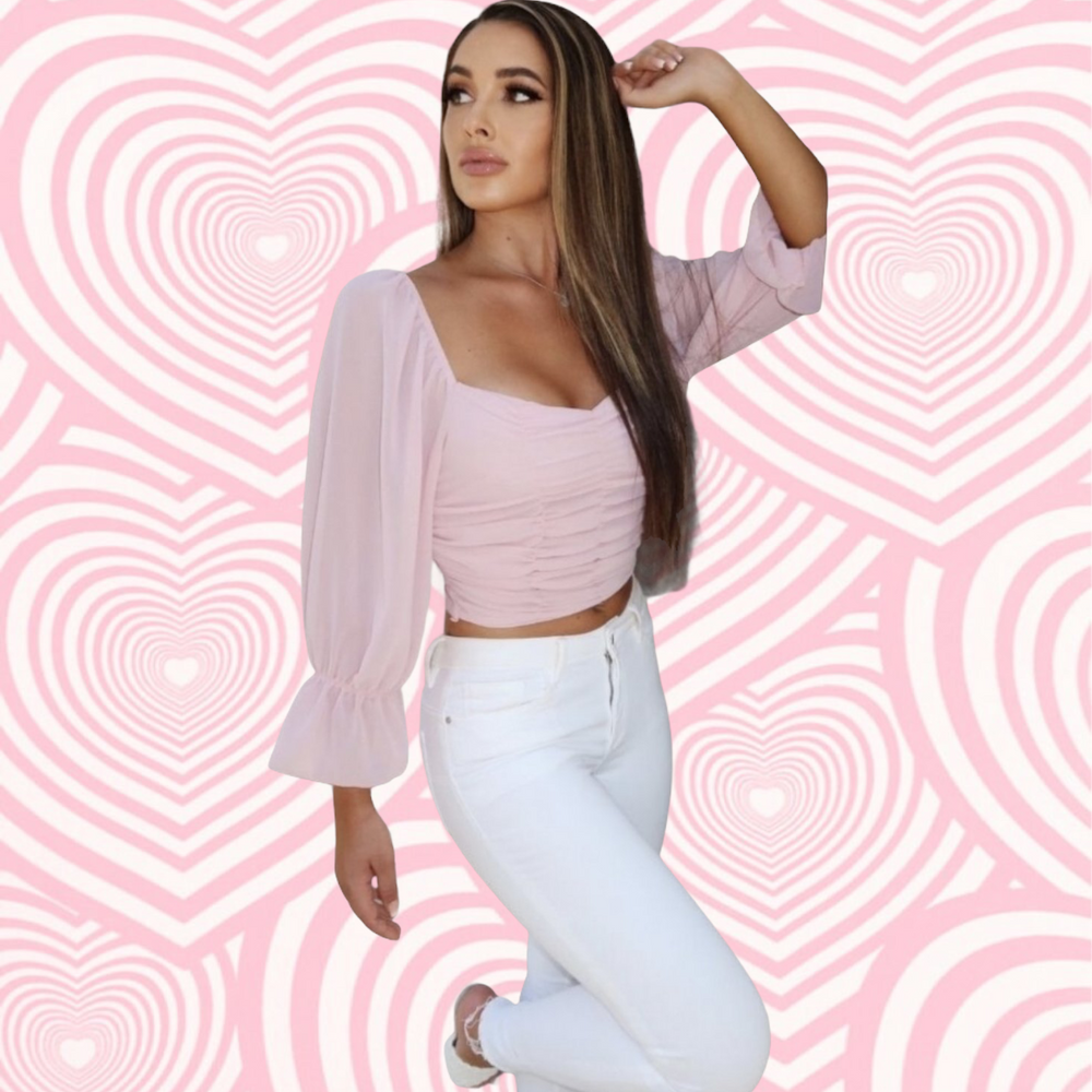Nude Pink Ruched Puff Sleeve Crop Top