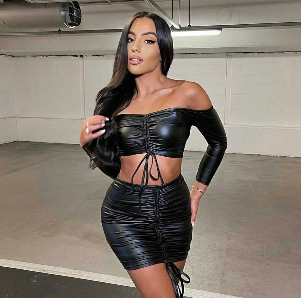 Black Wet Look Ruched Crop Top and Mini Skirt