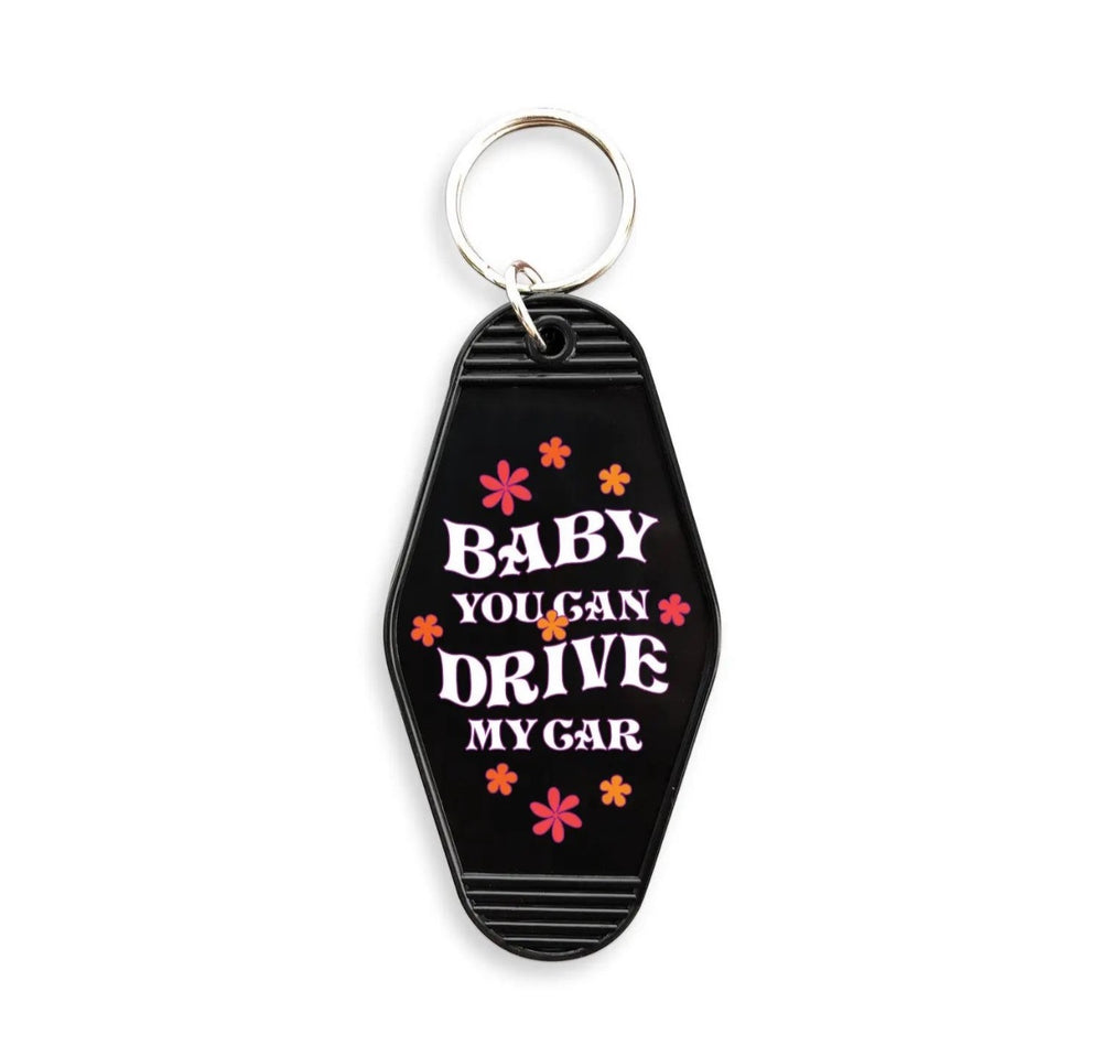 black baby you can drive my car motel keychain