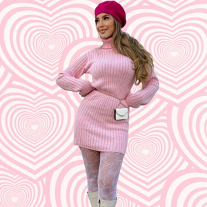 Baby Pink Rib Knit Roll Neck Jumper Dress