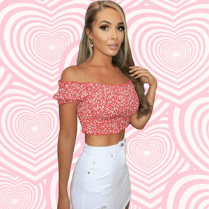 
            
                Load image into Gallery viewer, Red Floral Bardot Shirred Crop Top
            
        
